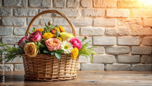 Elegant Flower Arrangement in Rustic Basket on Whitewashed Brick Wall