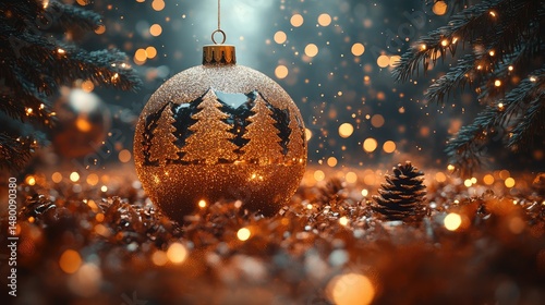 Golden Christmas ornament, forest scene, bokeh lights, holiday card
