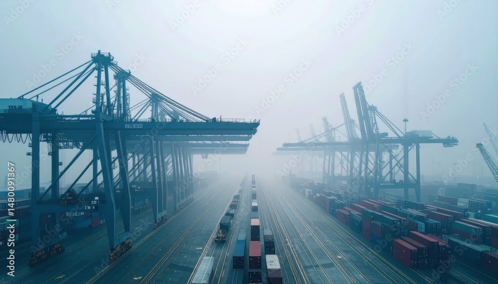 Fototapeta premium Foggy Port Scene with Cranes and Shipping Containers in the Mist