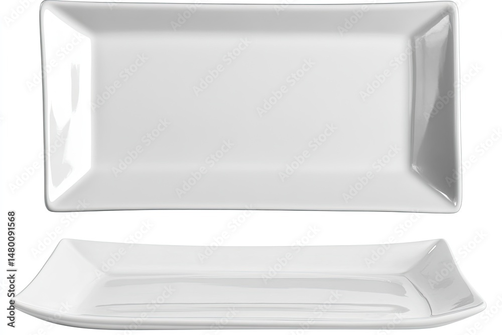 Fototapeta premium Rectangular white porcelain platter. Two views of an empty, rectangular, white serving platter. Modern, simple design