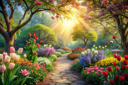 Elegant Panoramic Garden Wallpaper: Lush Floral Paradise