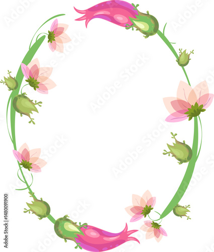 Vector frame on a separate transparent background. Wreath or frame, background with twigs, flowers and ornamental plants for the design of invitations, weddings or celebrations.