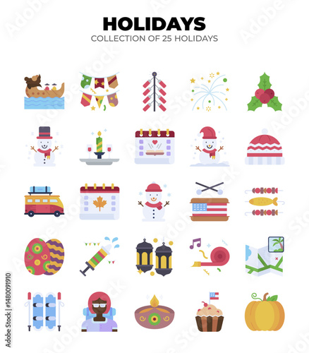 Collection of 25 Diverse Holiday Icons. Festive Celebration. Travel. and Winter Fun