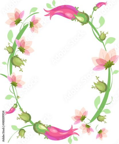 Vector frame on a separate transparent background. Wreath or frame, background with twigs, flowers and ornamental plants for the design of invitations, weddings or celebrations.