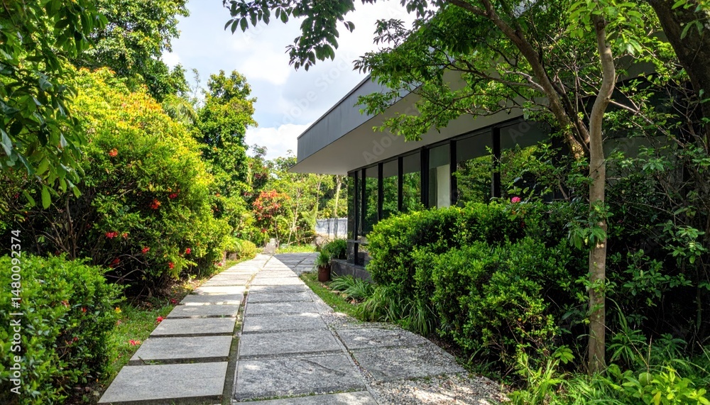 Fototapeta premium Modern architectural design nestled amidst lush green foliage in a serene garden setting