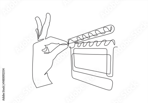 continuous line film Clapperboard.line drawing of film making process.single line hand holding film Clapperboard.line vector. Editable stroke.