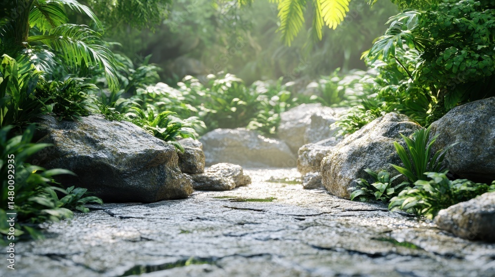 Fototapeta premium Serene Nature Path Through Lush Green Vegetation and Stone Outcrops in Tropical Landscape