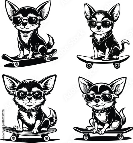 Chihuahuas Skateboarding Vector Illustration, Happy Dog Skating Wear Sunglasses
