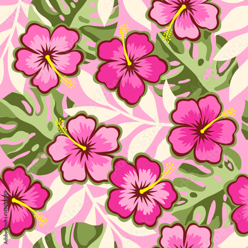 Pink hibiscus flower with tropical leaf seamless pattern design for summer holidays background.