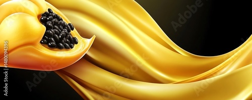 Ripe papaya half with flowing, golden juice.  Tropical fruit, vibrant colors