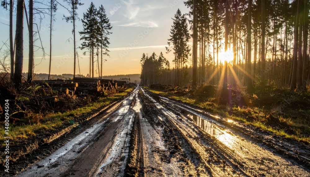 Fototapeta premium Serene Sunset Over a Muddy Forest Road Surrounded by Tall Trees
