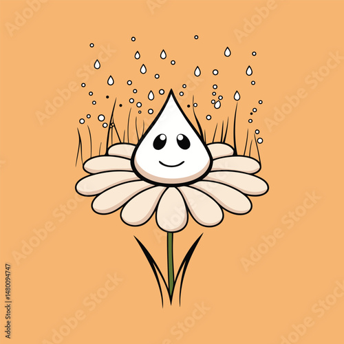 Cute cartoon flower with raindrops and smiling water drop character