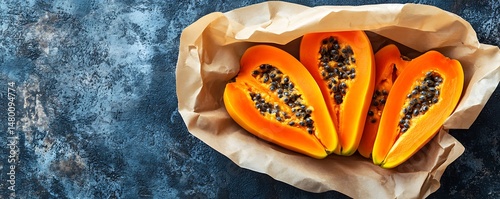 Ripe papaya halves nestled in brown paper, showcasing vibrant orange flesh and dark seeds.  A dark background contrasts the bright fruit