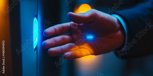 Biometric Security System with Hand Scan for Access, Fingerprint Scanner on Office Door for Digital Authentication, Handprint Recognition Technology for Secure Building Access

