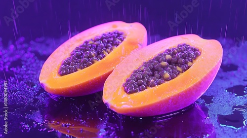 Two papaya halves, glistening with water droplets, rest on a reflective surface under purple lighting