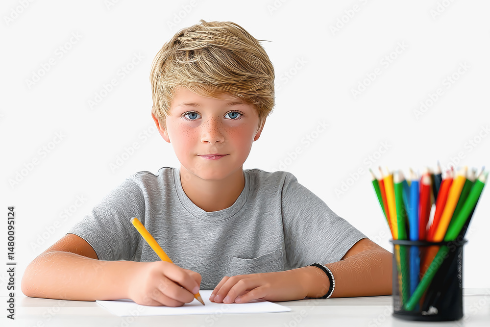 A young boy concentrating while writing on a coloring page with crayons in a bright and cheerful environment A young boy concentrating while writing on a coloring page with crayons in a bright and cheerful environment