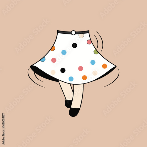 Cartoon girl in polka dot skirt mid spin with swirls around the skirt