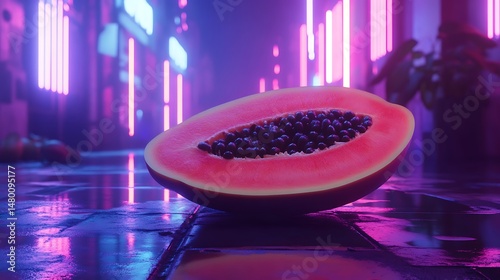 Neon-lit city alley; halved papaya rests on wet pavement, reflecting vibrant hues