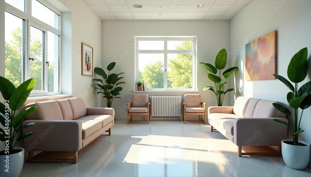 Fototapeta premium Friendly and clean doctor's office waiting area with comfortable seating and calming decor , artwork, medical, wellness