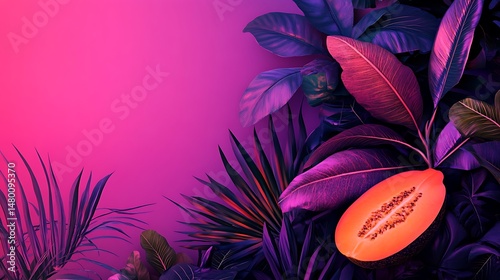 Vibrant pink backdrop featuring lush tropical foliage and a halved cantaloupe