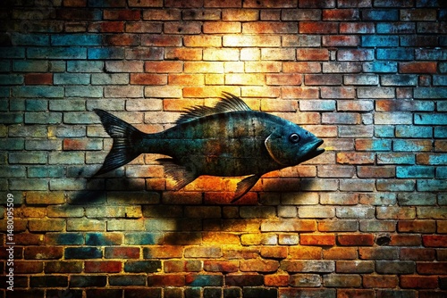 Faded Fish Silhouette Spray Paint Graffiti on Urban Brick Wall Architectural Detail