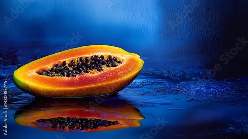 A vibrant papaya half rests on a reflective, dark blue surface, its juicy orange flesh and black seeds gleaming