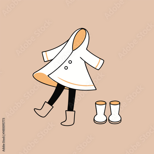 Minimalist illustration of raincoat rubber boots and leggings on beige background