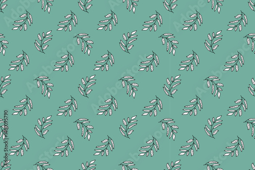 Beautiful natural seamless pattern of  plant in black and white on  green background. Plant of  environment. Flat design. For wallpaper, textiles, packaging, background, website.