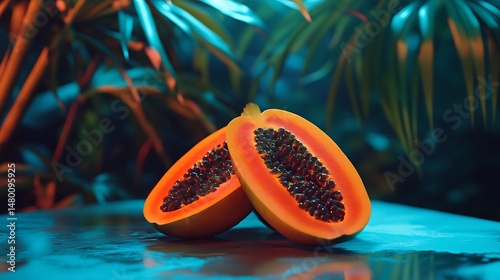 Two papaya halves rest on a cool, reflective surface, bathed in vibrant teal and orange light, with lush tropical foliage in the background
