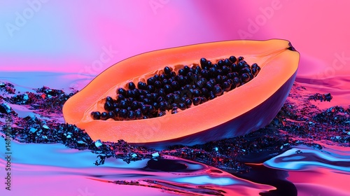 Vibrant papaya half floats on iridescent liquid, showcasing its black seeds and orange flesh under neon lighting