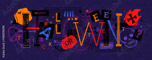 Abstract Halloween background with street wall art. Urban graphic with collage of spray and scribble painting and font. Halloween graffiti of skull, mushroom and pumpkin, vector illustration