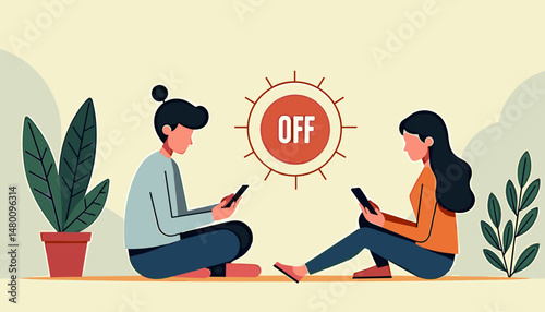 People using smartphones near houseplants with an off symbol, the concept of digital detox