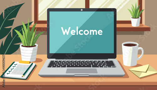 Remote onboarding vector illustration of a laptop displaying welcome screen, with copy space