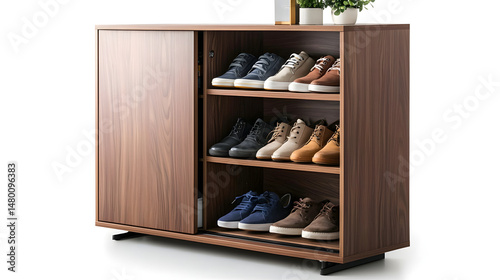 A wooden shoe rack with three shelves