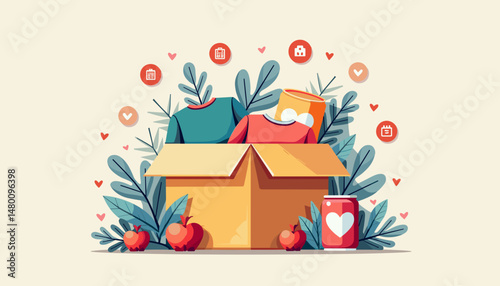 Community donation box with clothes and canned food in a flat vector style, for charity campaigns, with copy space