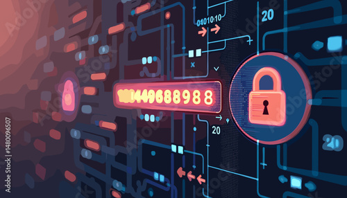 Digital security concept: lock and alphanumeric display on a network background for cyber hygiene