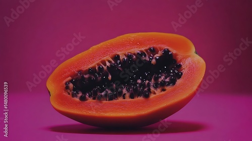 Ripe papaya half, vibrant orange flesh, numerous black seeds, vivid pink background