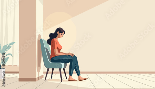 Woman sits alone, expressing tiredness, in a minimalist vector style room with copy space