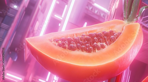 Sliced papaya, vibrant orange flesh, numerous dark seeds, neon pink background