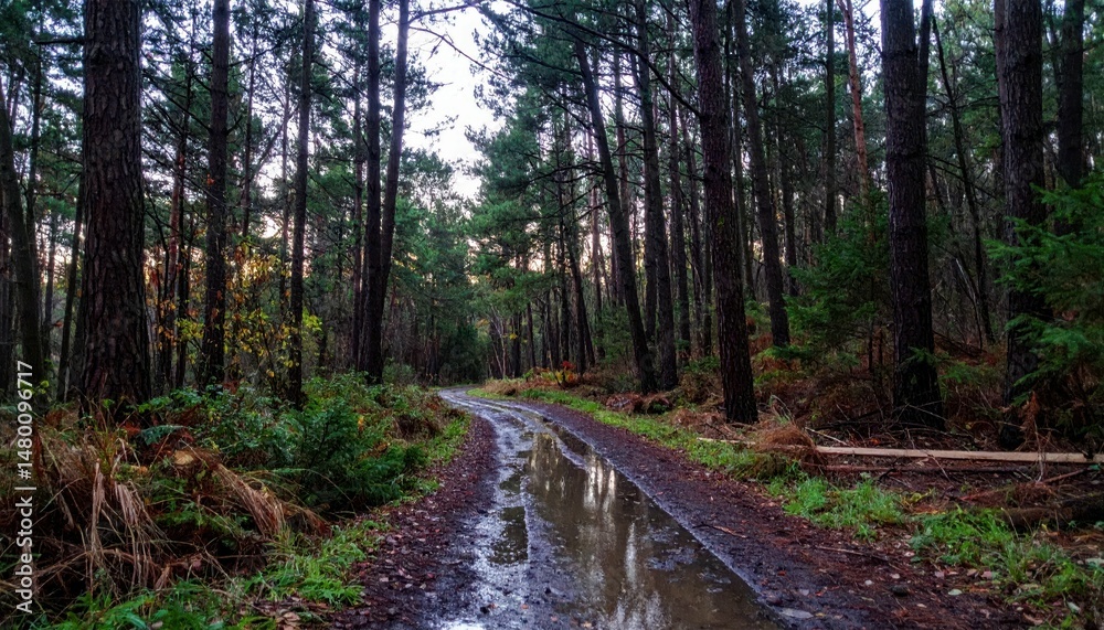 Fototapeta premium Serene Forest Path with Water Puddle After Rain in Autumn Sunset