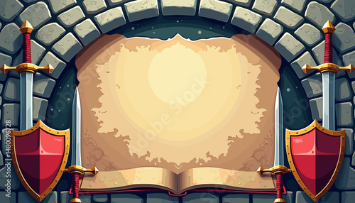 Medieval arch background with weapons and scroll for fantasy illustrations, with copy space