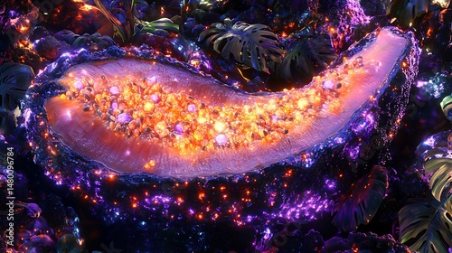 Glowing gemstone embedded in volcanic rock, surrounded by lush tropical foliage