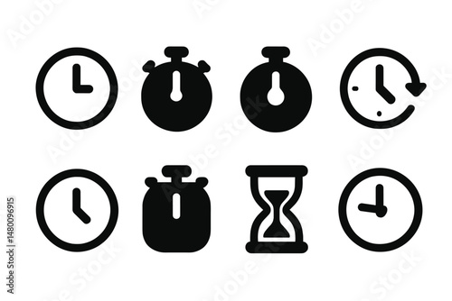Various clock and timer icons representing time management and measurement in black silhouette design
