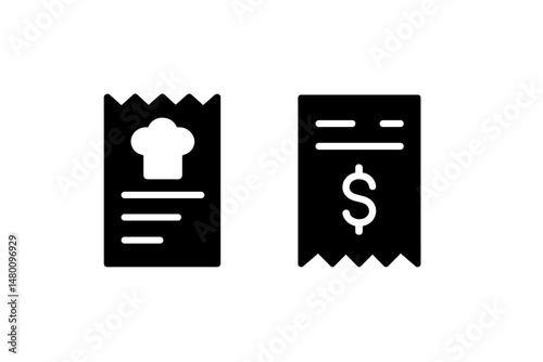 Receipt and menu design icons representing dining and payments in a restaurant environment