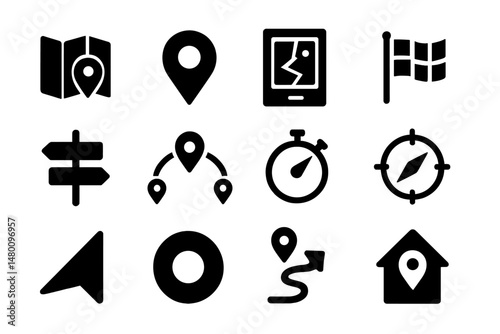 Collection of navigation symbols and icons for mapping and location services in black design