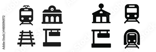 Train station symbols showcasing various transportation elements and infrastructure used in public transit systems