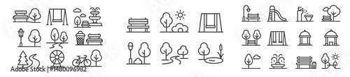 Park elements and amenities illustrated in a minimalistic line art style capturing a serene outdoor atmosphere