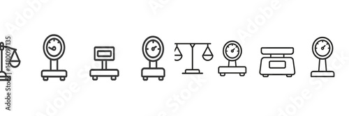 Various types of scales and balances displayed in a clean layout for measurement purposes in a laboratory or commercial setting