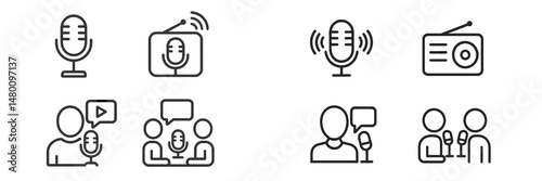 Variety of microphone and communication icons illustrating broadcasting and conversation in modern media settings