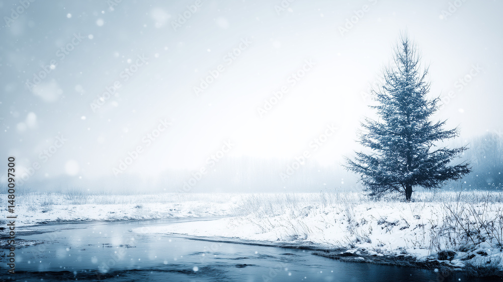 Lone Evergreen Tree in Snowy Winter Landscape by a River